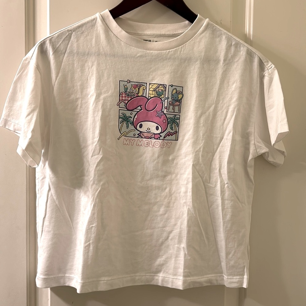 MY MELODY X Uniqlo White Cropped Tee, Sz 13 (XL)